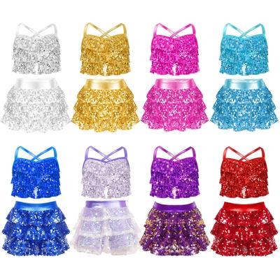 Джазовый танцевальный наряд для девочек, блестящий укороченный топ с оборками, металлические брюки-кюлоты для выступлений на сцене