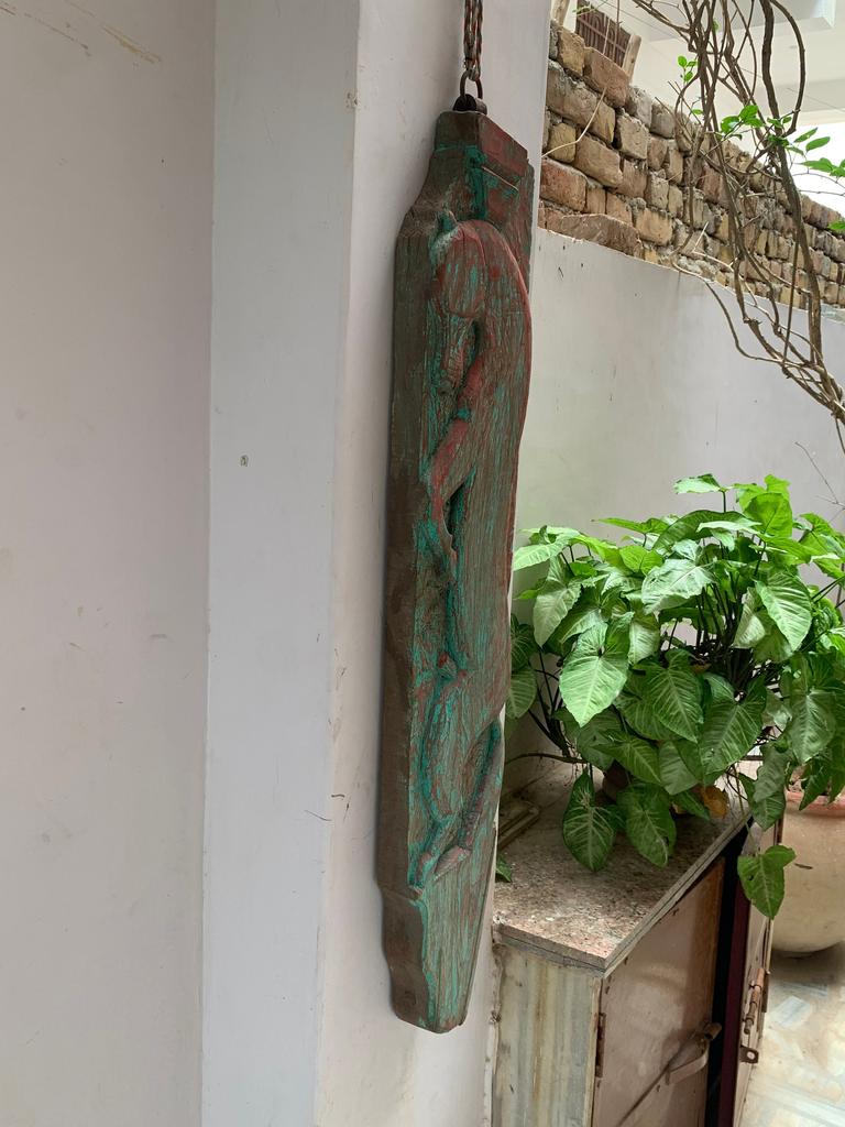 Distressed Antique Carved Wood Wall Panel: Indian Animal Statue Decor