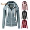 Fall Winter Women Jacket Drawstring Hooded Zip-up Long Sleeves Pure Color Slim Fit Elastic Cuff Cardigan Pockets Sport Fitness Coat