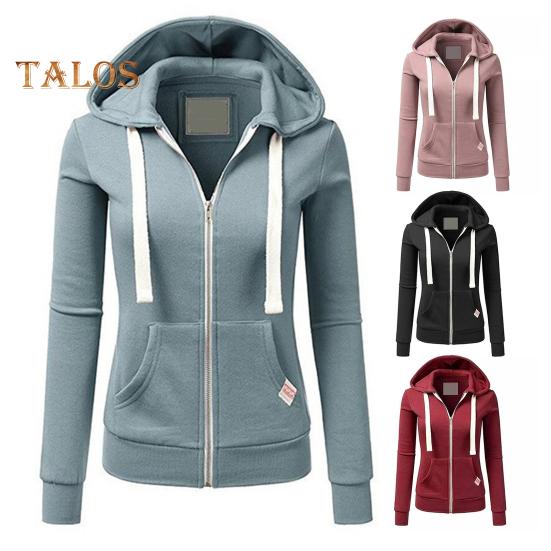 Fall Winter Women Jacket Drawstring Hooded Zip-up Long Sleeves Pure Color Slim Fit Elastic Cuff Cardigan Pockets Sport Fitness Coat