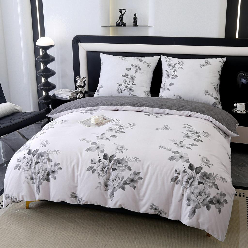Satin bedding 200x200cm flowers graphite black and white