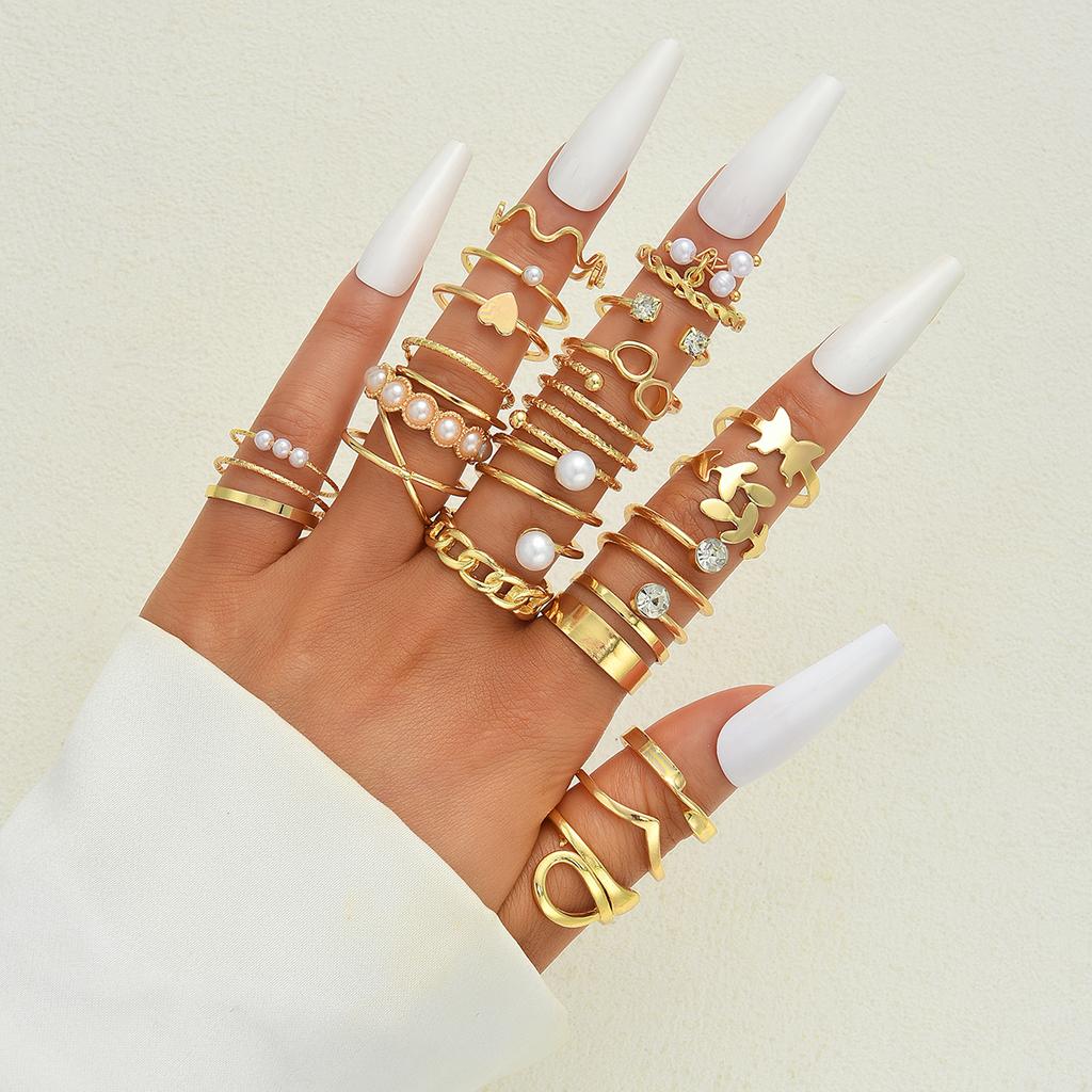 Fashion Minimalist Vintage Elegant Heart Butterfly Faux Pearl Rhinestone Geometric Wave Infinity Metal Rings Set Party Jewelry