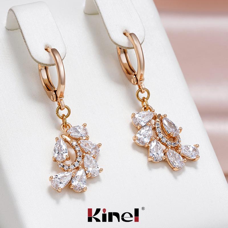 Длинные серьги-капли Kinel с блестящим цирконием для женщин, ювелирные изделия цвета розового золота, подарок на День Памяти