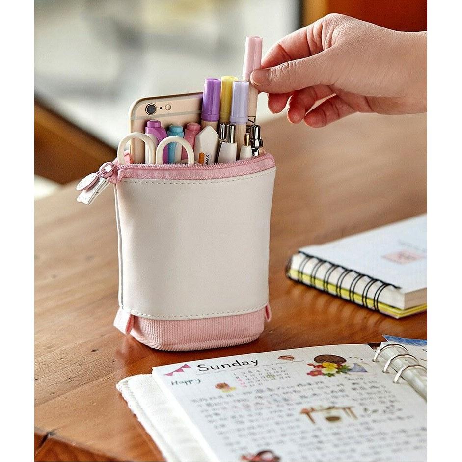 Pencil case simple fabric girls high school students 2WAY slide stand pen pouch holder box storage large capacity stretchable small item self-standing