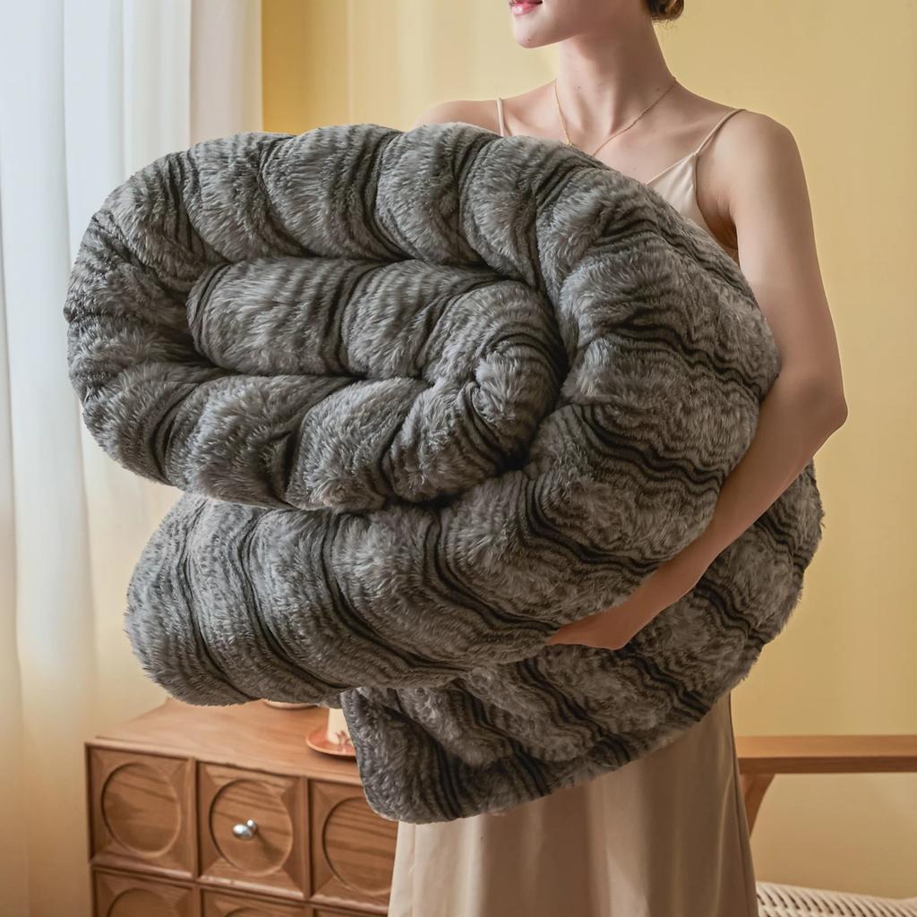 Luxury Wave-Textured Thick Faux Fur Blanket Double Layer Plush Warm Winter Blankets for Bed Fluffy Rabbit Fur Sofa Throw Blanket