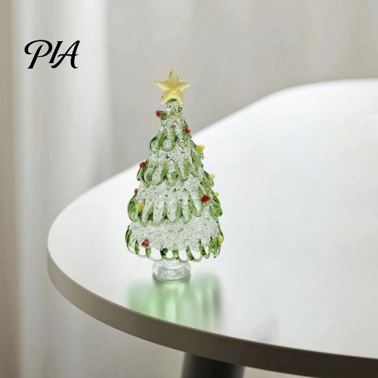 Christmas Atmosphere Decor Hand Blown Glass Tree Figurine with Golen Star, Desktop Ornament Gift Mini Xmas Ornament, Handmade Holiday Decoration
