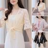 Women Cardigan Coat Half Sleeve Lace Embroidery Horn Sleeve Shawl Thin Patchwork Short Type Lace Up Solid Color Lady Shirt