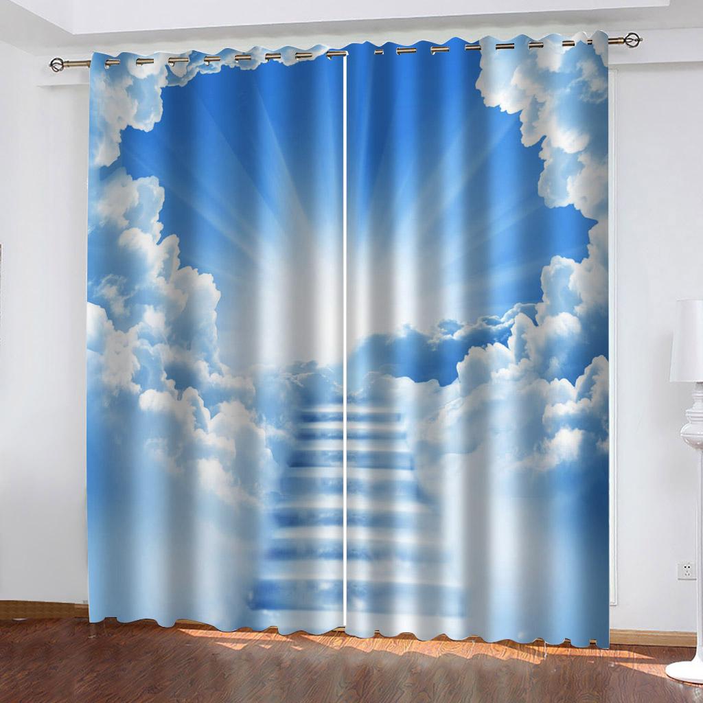 Серия «Голубое небо и белые облака», дешевые солнцезащитные шторы для гостиной, спальни, украшение для дома, 2 шт. крючков, дырокол