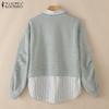 ZANZEA Women Stripe Splice Turn Down Collar Long Sleeve Thin Pullover Sweatshirt