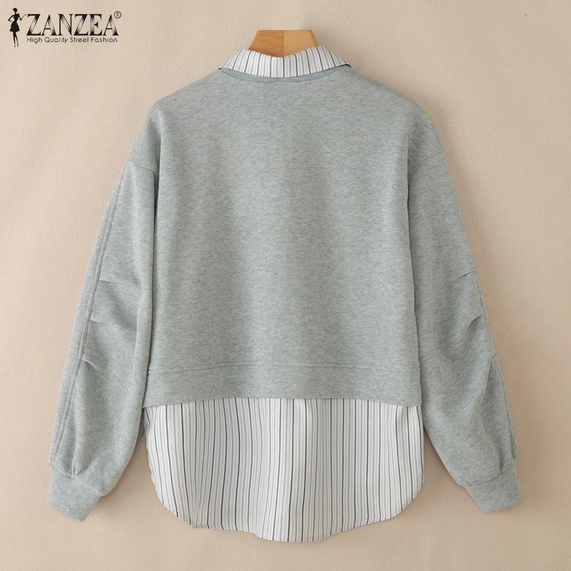 ZANZEA Women Stripe Splice Turn Down Collar Long Sleeve Thin Pullover Sweatshirt