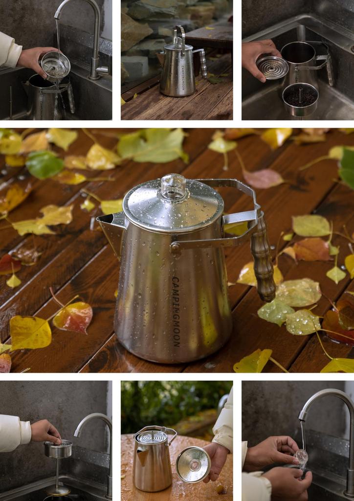 CAMPING MOON SW-7 Stainless Steel Percolator Kettle, Direct Flame, One-Piece Molding, Gas Stove Only, 1.2L