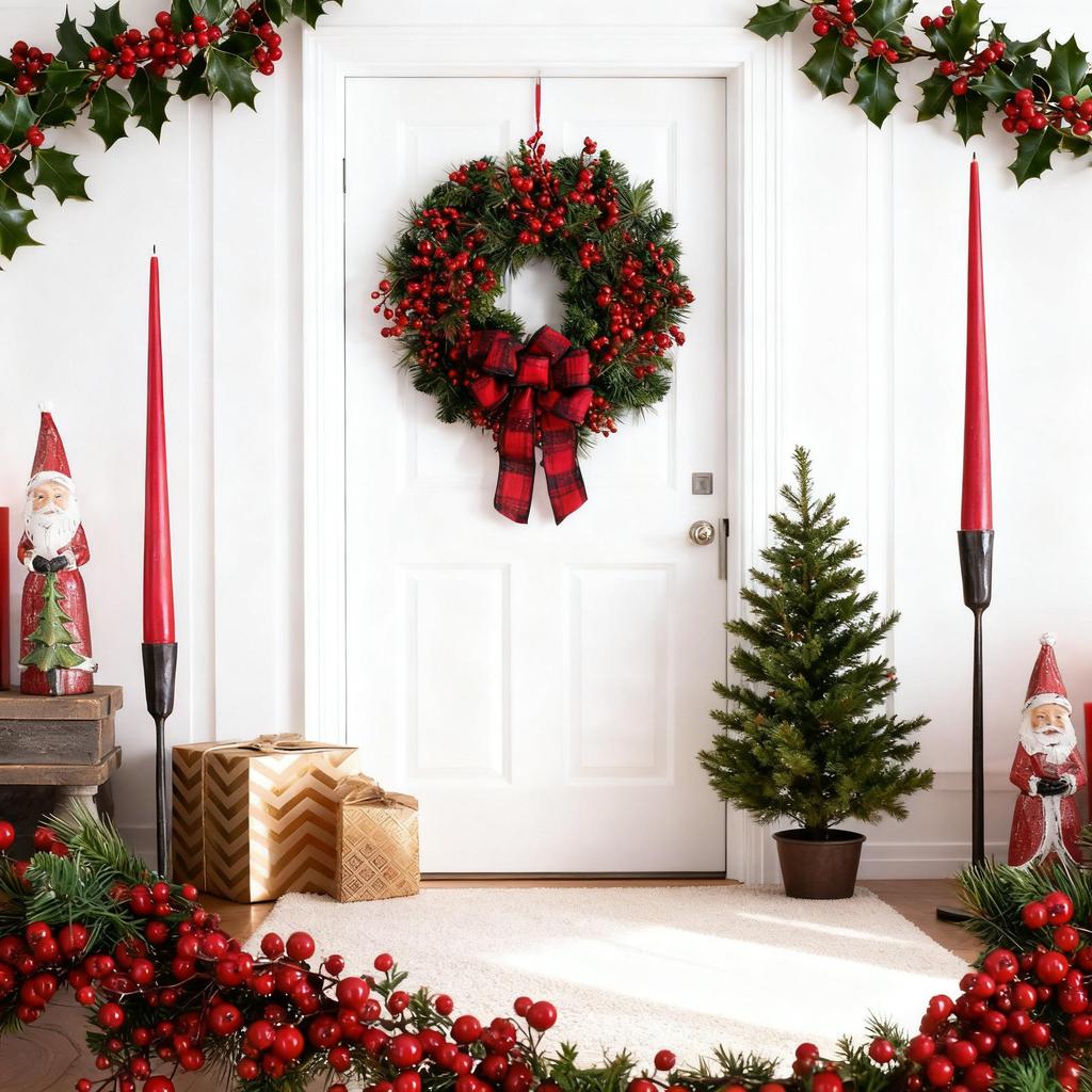 Red & Black Plaid Bow Christmas Wreath with Artificial Berries