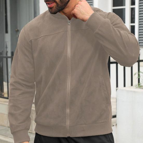 Men Suede Jacket Stand Collar Long Sleeve Zipper Placket Coat with Side Pockets Solid Color Loose Fit Ribbed Cuffs Hem Outwear