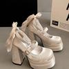 Платформа Высокие каблуки Мода Перекрестные ремешки Женские туфли Мэри Джейн Весна Осень Бант Толстая подошва Лолита Туфли-лодочки Женская обувь для платья