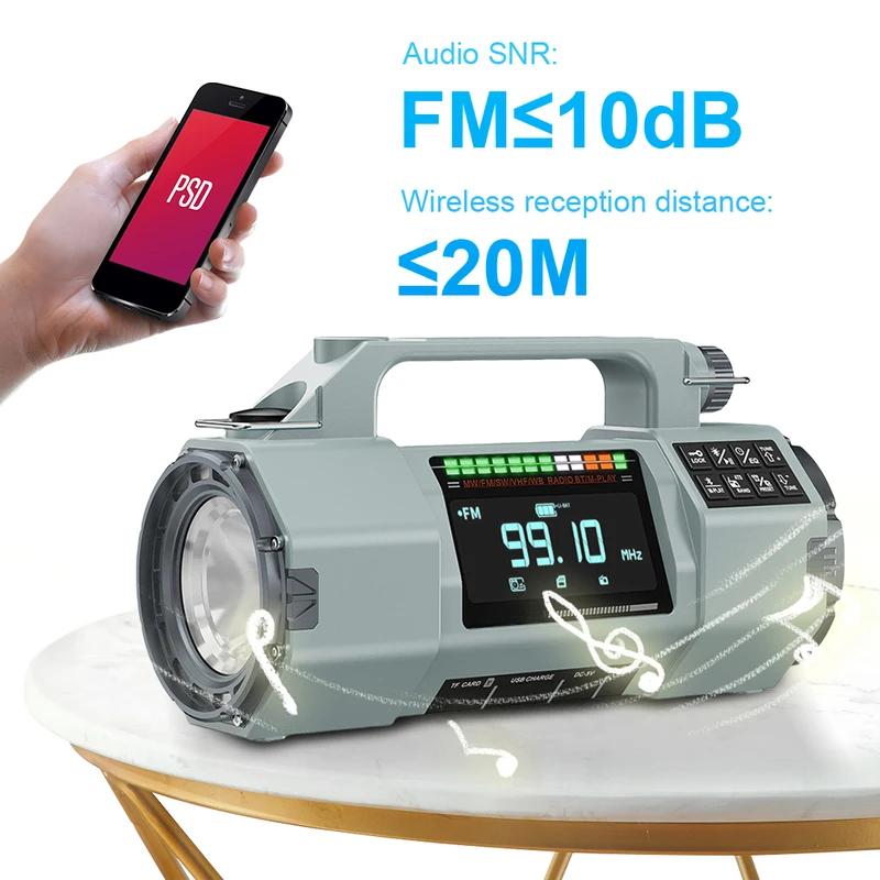 Аварийное радио FM/MW/SW/VHF/WB Портативное радио с SOS-сигналом Светодиодный фонарик BT-динамик Ручной завод Солнечное радио для выживания