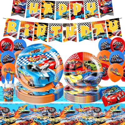 Набор для дня рождения в стиле гонок Hot Wheels Бумажные тарелки Бумажные стаканчики Бумажная скатерть Флаг Топпер для торта Шары Праздничные принадлежности