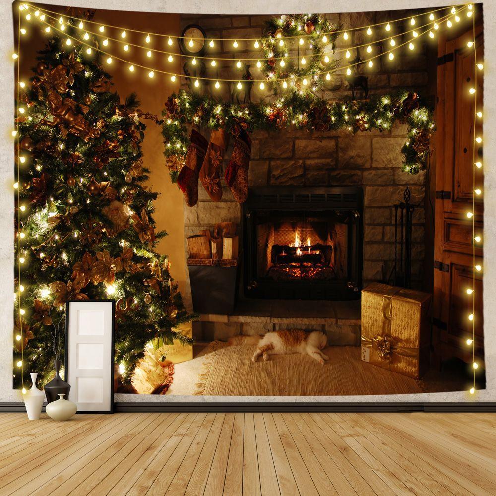 Подарочное украшение с рождественской елкой, камин, гобелен с принтом, украшение для дома, гостиной, спальни, гобелен