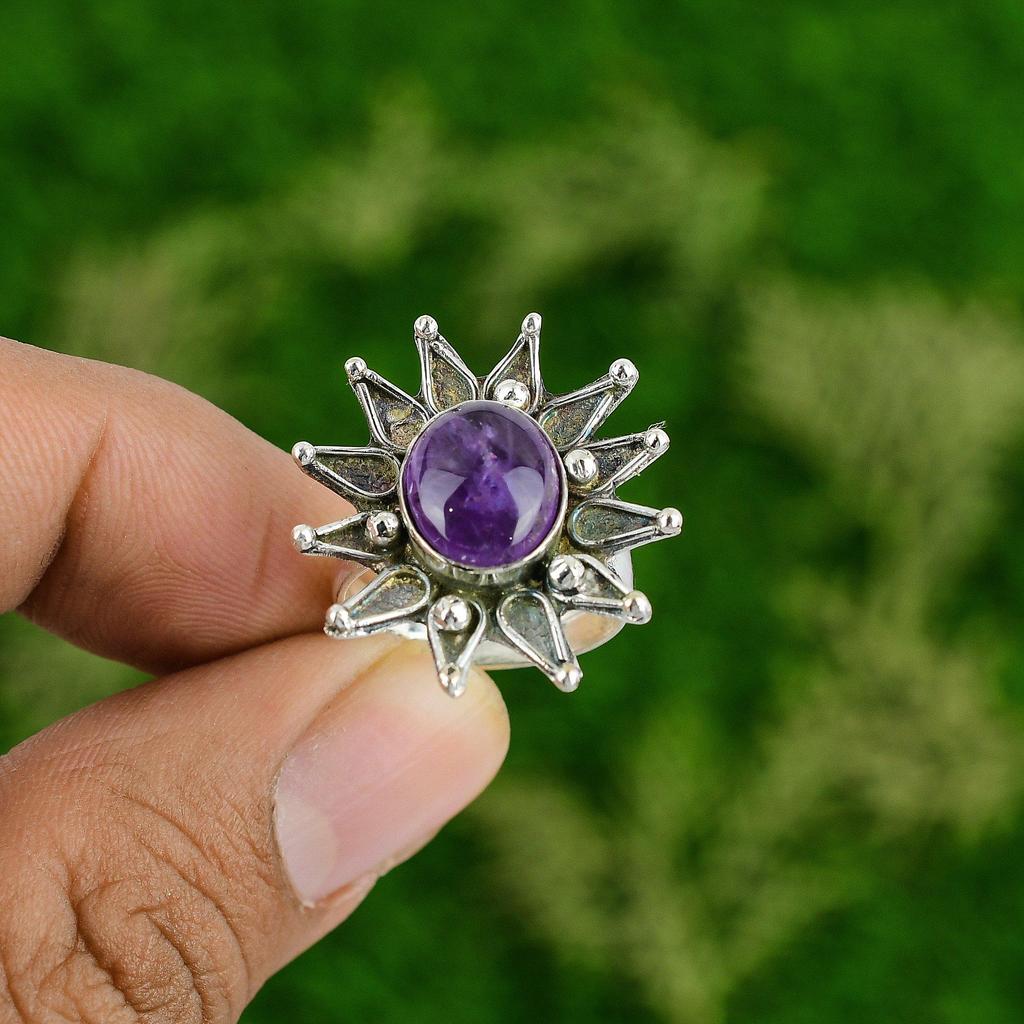 Натуральный африканский аметист серебро 925 пробы кольцо-заявление цветок регулируемое для женщин
