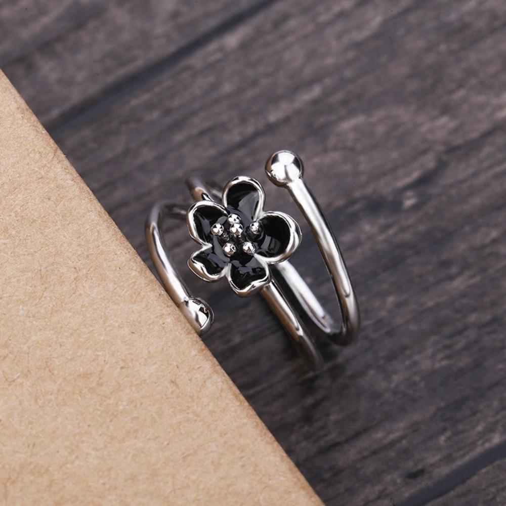 Open Ring S925 Silver Plated Black Flower Adjustable Romantic Love Ring Creative Gift for Women Students