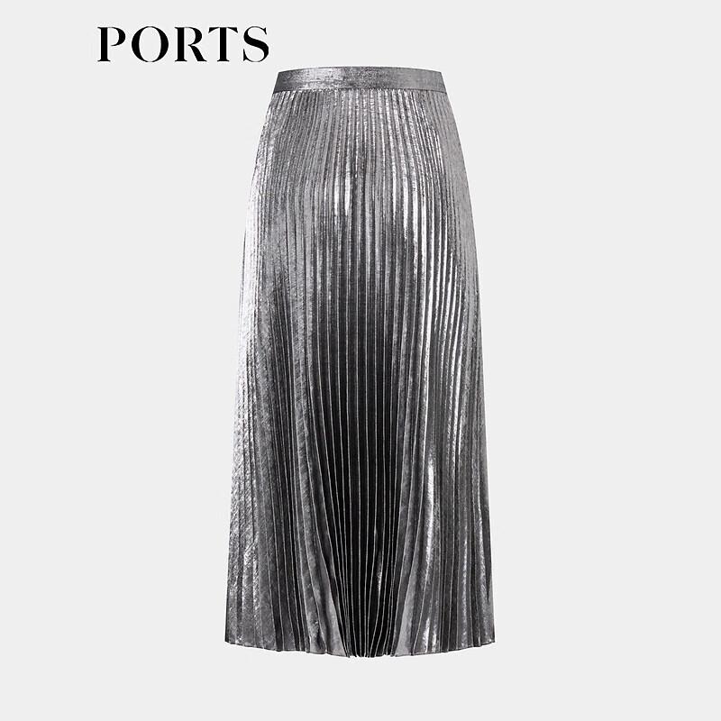 PORTS Women's Grey Pleated Glossy Midi Skirt
