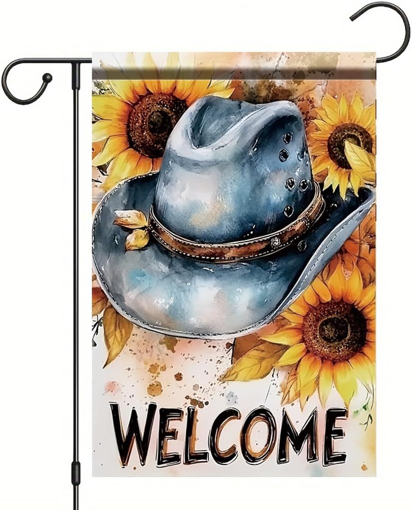 Western Sunower Garden ag 12x18 Inch Double Sided Outdoor Yard Banner Cowboy Hat Rustic Country Farmhouse Decor for Porc AAS