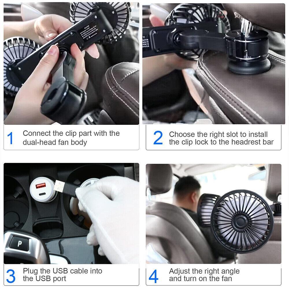 Two-Head 3 Speed 360° Rotation Car Back Rear Seat Fan Car Cooling Fan Air Cooling Fan Headrest Fan