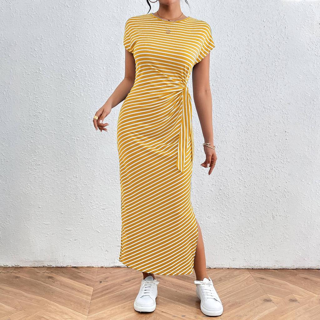 Женское модное платье с круглым вырезом в полоску, короткими рукавами, облегающим кроем и разрезом для похудения