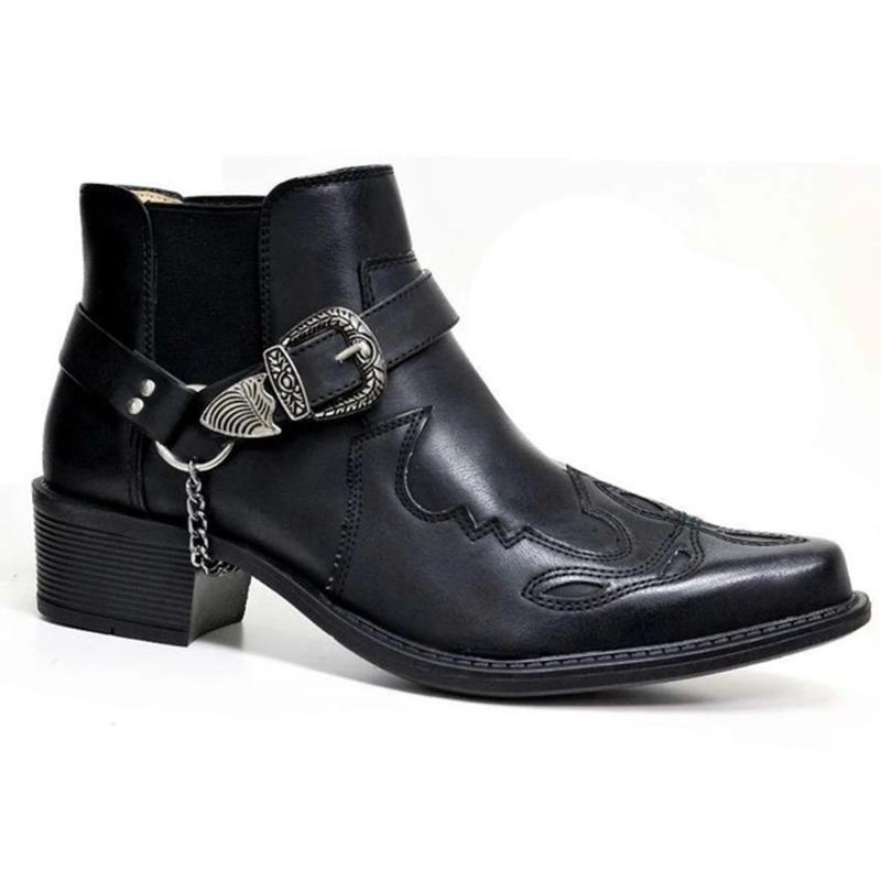Autumn Trendy New Short Boots Men's Fashion Retro Cowboy Boots Leather High Top Chain Buckle Shoes Pointed Toe Non Slip Boots