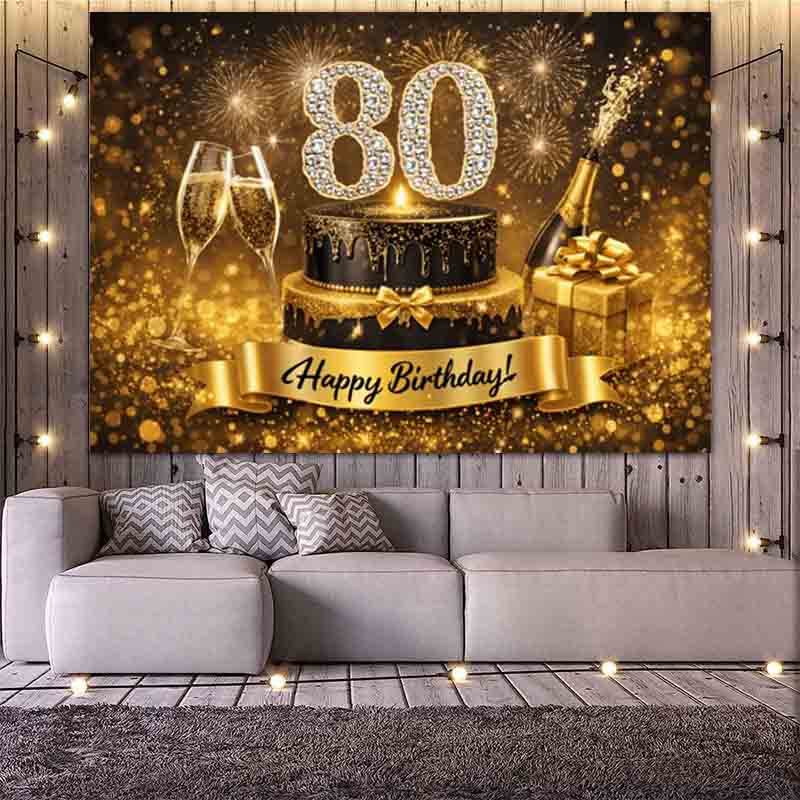 Black Gold Glitter 80th Birthday Photography Backdrop Cake Champagne Gift Box 80 Years Old Party Photo Banner