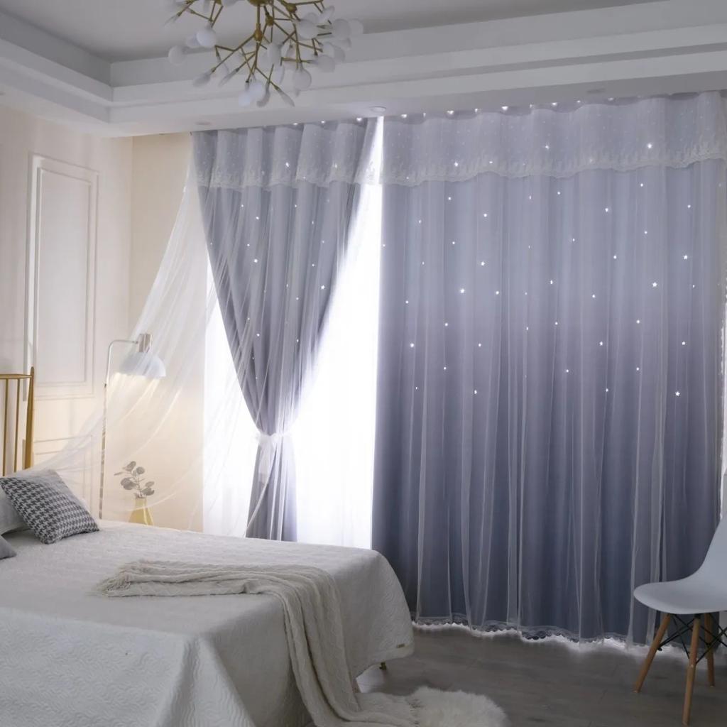 2 шт., простая градиентная цветная занавеска со звездами, занавеска принцессы Ins с высоким затемнением, для спальни, гостиной, двойная тканевая марлевая занавеска