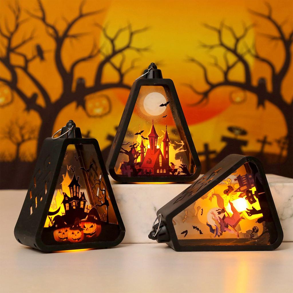 Halloween Decorations, LED Shadow With Haunted House Scenes, Black Triangular Decorative Lights, Suitable For Desks, Walls, And Hanging.