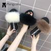 Fashion Fairy Wedges Mink Fur Slippers Women Platform Shoes Furry Flip Flops Pantuflas Thicken Soled Fox Fur Slides Plus Size 36-41