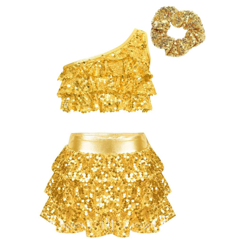 Girls One Shoulder Shiny Sequins Tiered Ruffles Crop Top Skirted Shorts Culottes Hair Tie Dance Outfit