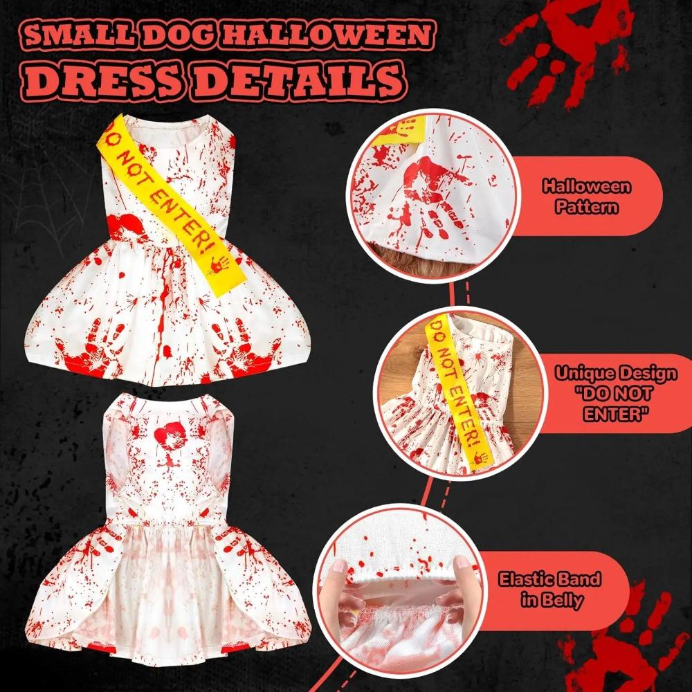Halloween Dog Cats Dress Bloody Handprint White Puppy Cat Costume for Medium Small Pets Clothing 'DO NOT Enter' Sash for Holiday