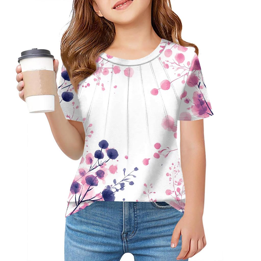 Детская футболка Fold A для девочек, летняя модная куртка с круглым воротником и цветочным принтом с короткими рукавами