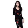 Elegant Black Knit Slip Dress With Rose Embroidery High Waist Slim Fit V-Neck Midi Length Office Casual Party