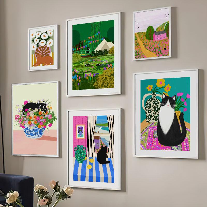 Fashion Colorful Cat Vase Leaf Flower Illustration Wall Art Canvas Painting Abstract Plant Posters Prints Pictures for Kids Room