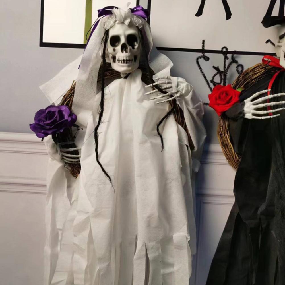 Венок на Хэллоуин Черный Жених Белый Свадебный Призрак Висит Ужасный Венок Страшный Дом с Привидениями Реквизит