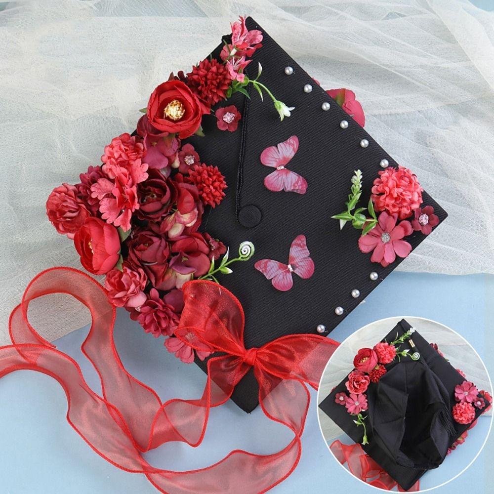 Master Academic Hat with Tassels Doctor Trencher Cap Flowers Graduation Cap Graduation Season