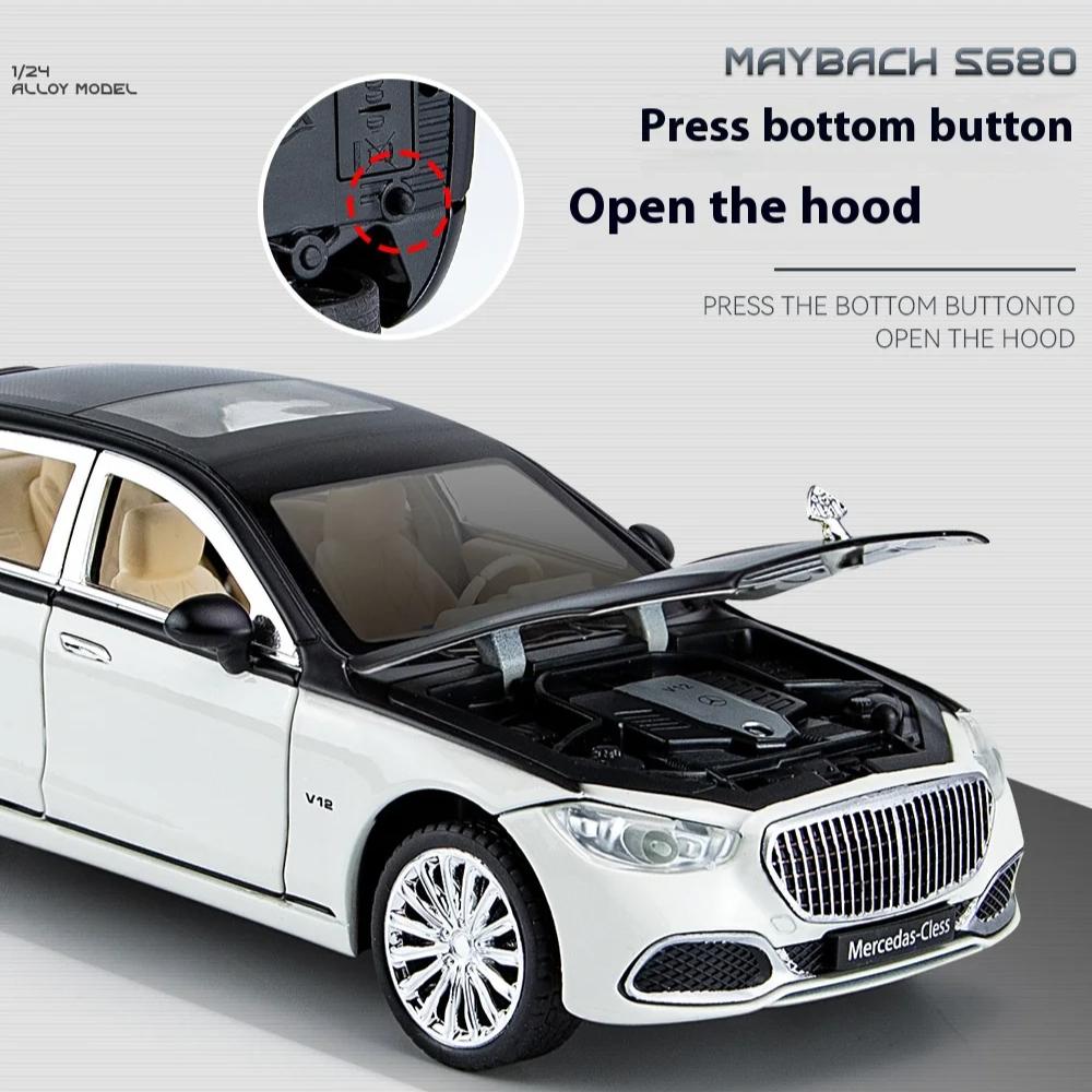 1/24 Benz Maybach S680 Alloy Car Diecast Metal Model Sound & Light Toy Car Central Control Ornaments Collect Kids Toys