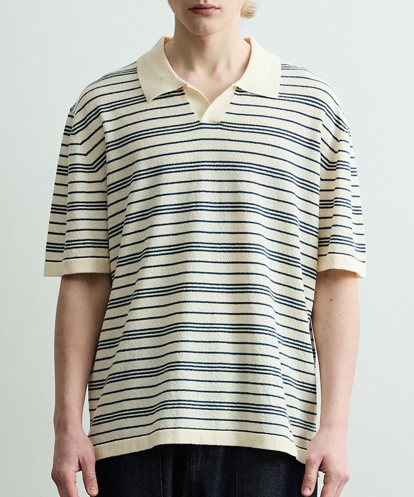 ONNHANS Striped Open Collar Short Sleeve Knit_Ivory