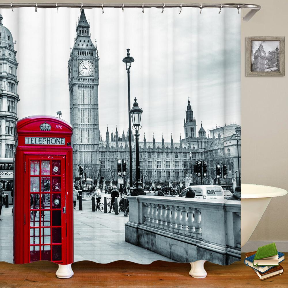 Nordic Style Landscape Paris Tower Fabric Shower Curtain Bathroom Curtains Waterproof Polyester Bath Screen with 12 Hooks