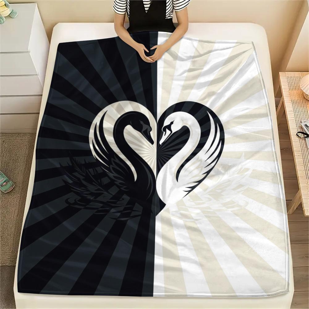 1Pc Black&White Swan Print Flannel Blanket, High quality Comfortable for All Seasons, Home Decor, Warmth and Comfort, Perfect for Christmas Gifts W33