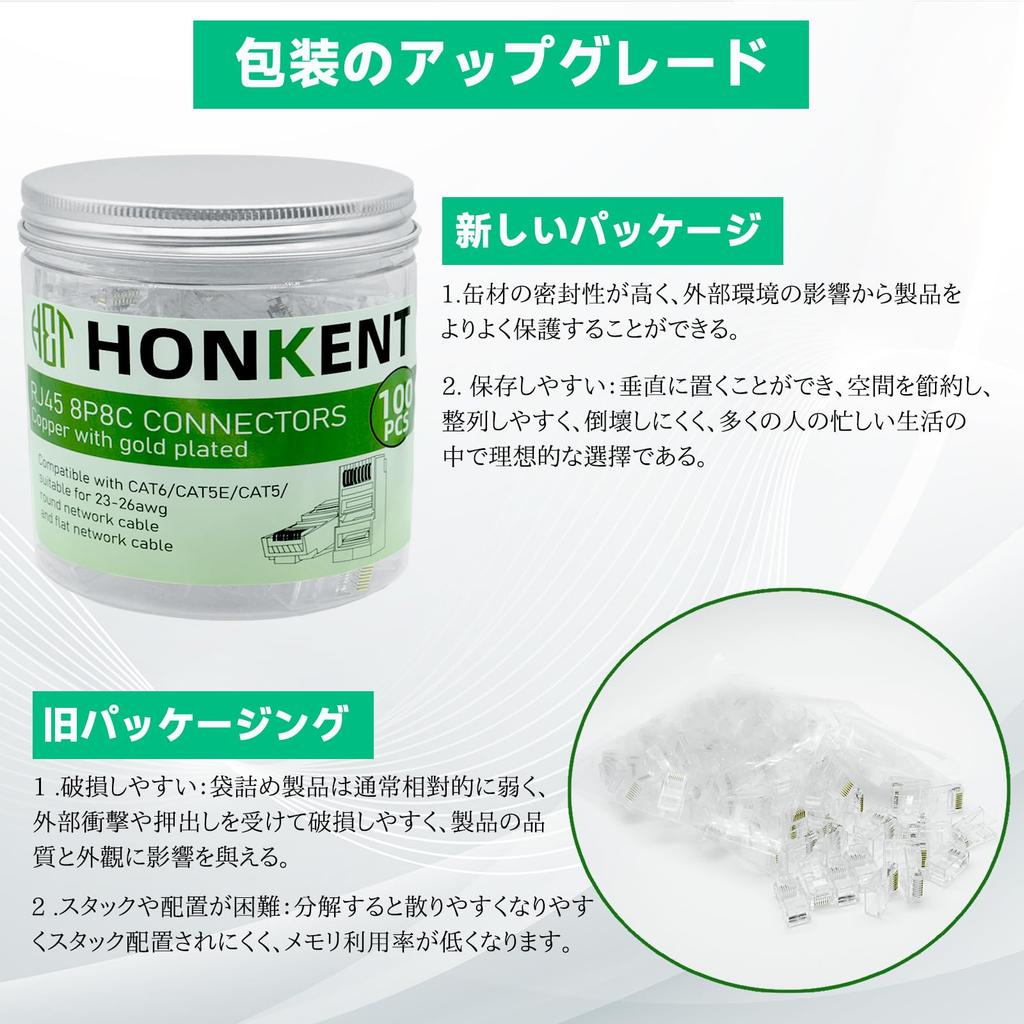 HET HONKENT LAN RJ45 Connector with Load Bar and Metal 8P8C Cat5 LAN Cable Connector Connector, Shield, STP, CAT6, Cat5e, Compatible, (STP-100PCS)