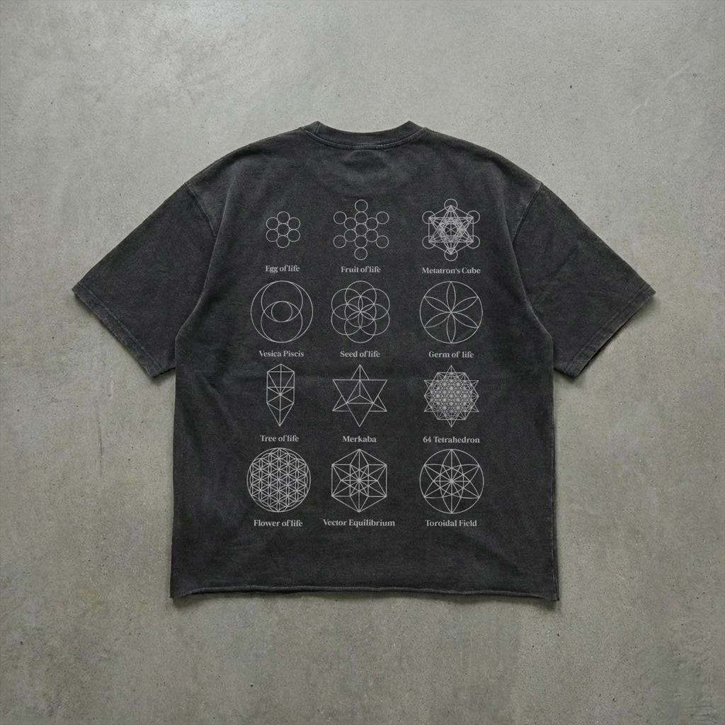 Sacred Geometry T-Shirt | Washed Black Streetwear | Spiritual Graphic