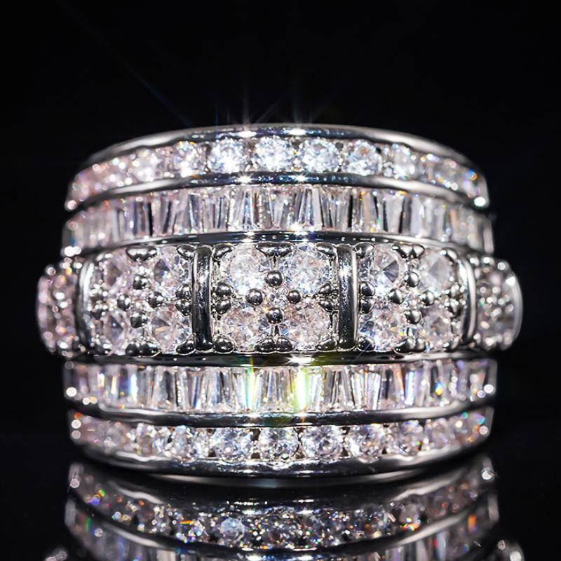 Huitan Silver Color Wide Ring for Women Inlaid Bright Cubic Zirconia Wedding Party Engagement Luxury Trendy Accessories Jewelry