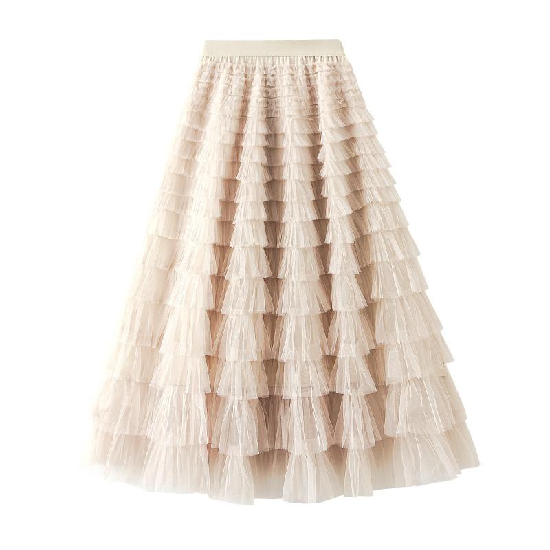 Spring and Autumn Women's Mesh Cake Halter Skirt Women's Skirt Fairy Saree Pleated Long Skirt