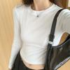 Right Shoulder Short White Long-sleeved T-shirt for Women In Early Autumn New Slim-fitting BottomingShirt with Exposed Navel High-waisted Fishbone Top