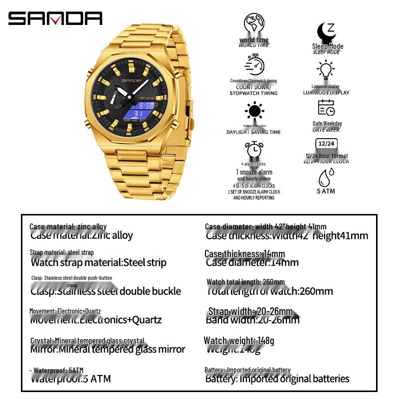 Мужские восьмиугольные цифровые часы Sanda Oak с двойным дисплеем и функцией летнего времени