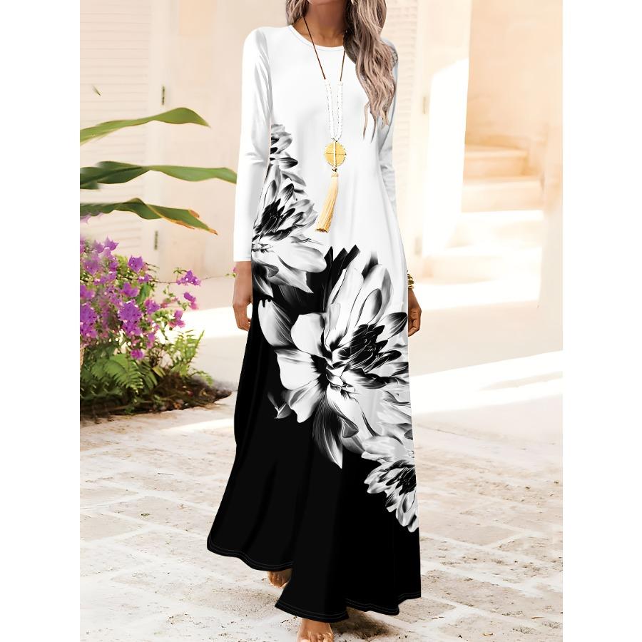 Women's Long Sleeve Floral Print Dress for Spring and Fall Black and White A-Line Casual Midi Dress with Round Neck and